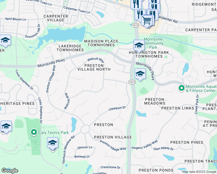 map of restaurants, bars, coffee shops, grocery stores, and more near 103 Beraneak Lane in Cary