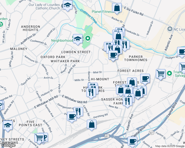 map of restaurants, bars, coffee shops, grocery stores, and more near 604 Mial Street in Raleigh