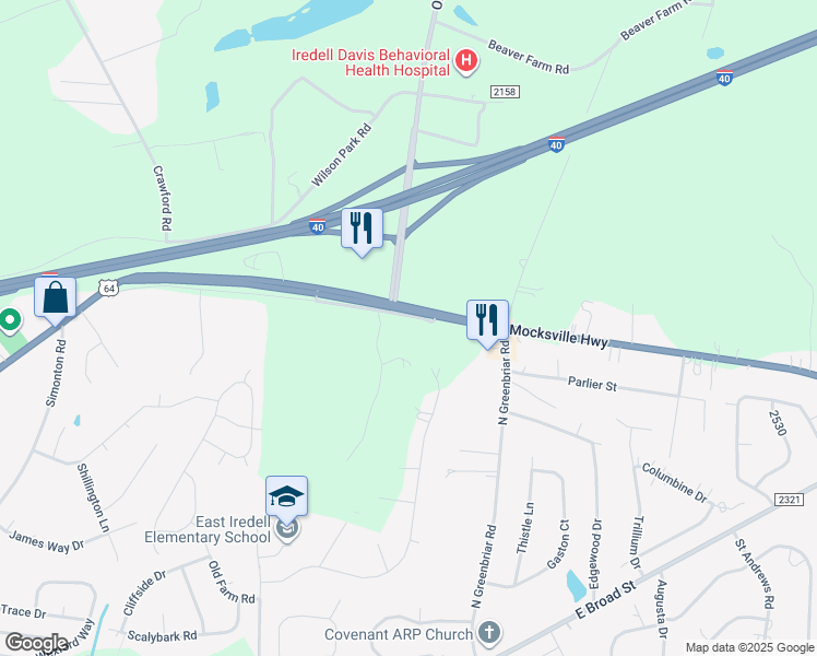 map of restaurants, bars, coffee shops, grocery stores, and more near 2806 Peachtree Road in Statesville