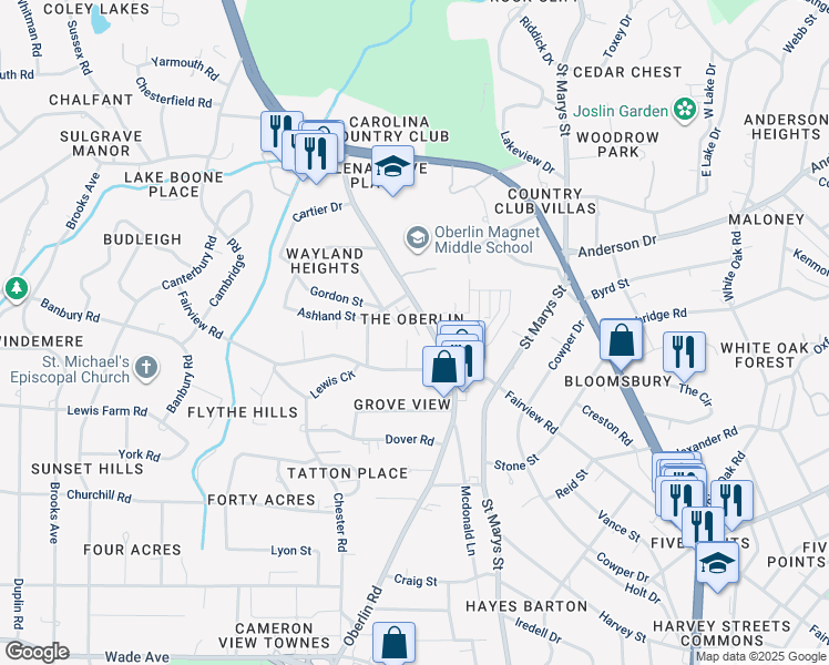 map of restaurants, bars, coffee shops, grocery stores, and more near 2511 Pecks Place in Raleigh