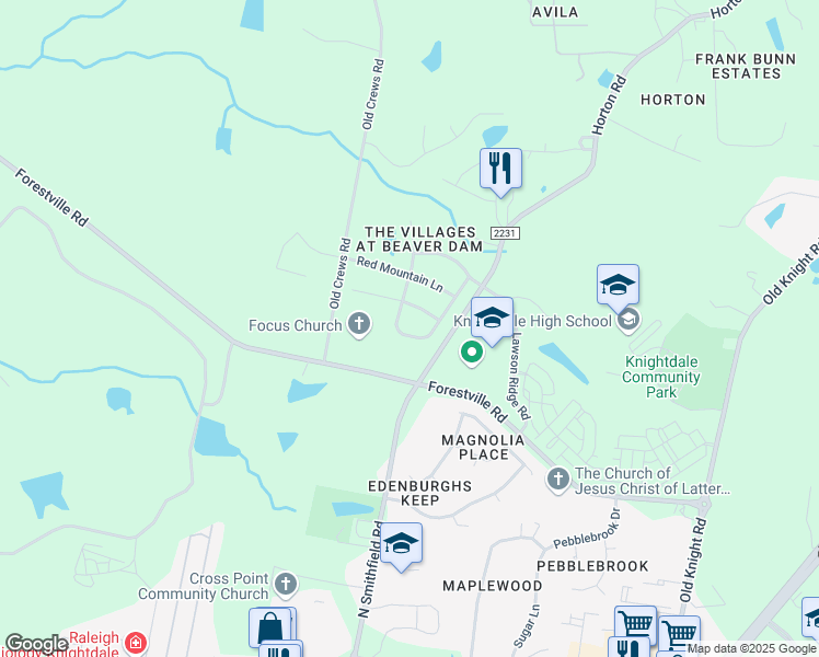 map of restaurants, bars, coffee shops, grocery stores, and more near 317 Hope Valley Road in Knightdale