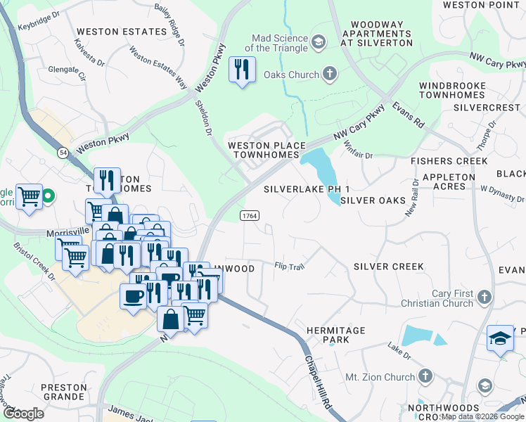 map of restaurants, bars, coffee shops, grocery stores, and more near 505 Barret Manor Court in Cary