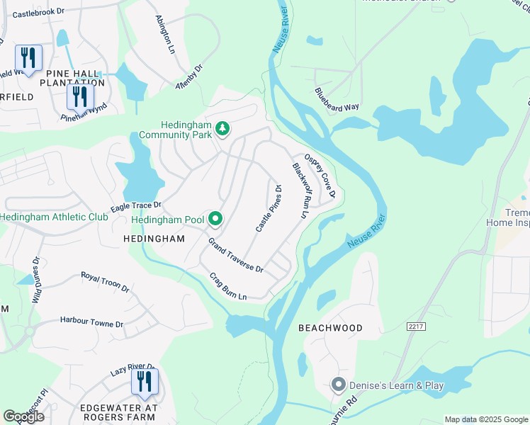 map of restaurants, bars, coffee shops, grocery stores, and more near 5309 Sahalee Way in Raleigh