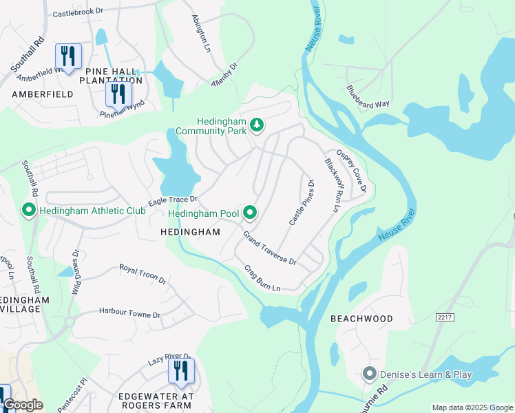 map of restaurants, bars, coffee shops, grocery stores, and more near 2109 Haig Point Way in Raleigh