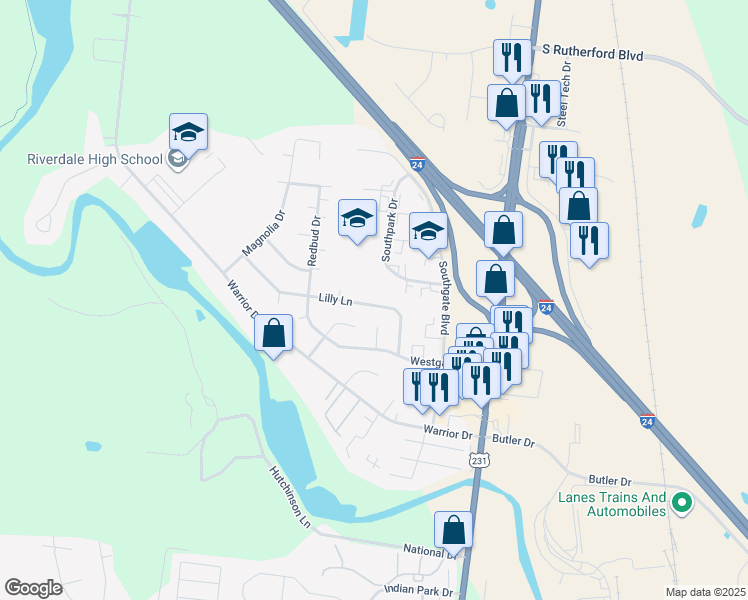 map of restaurants, bars, coffee shops, grocery stores, and more near 440 Lilly Lane in Murfreesboro