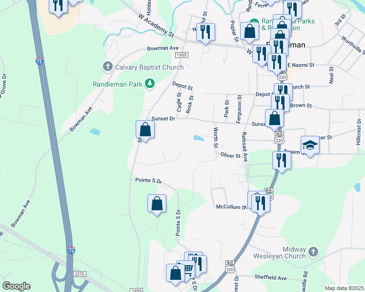 map of restaurants, bars, coffee shops, grocery stores, and more near 502 Booker T Womble Road in Randleman