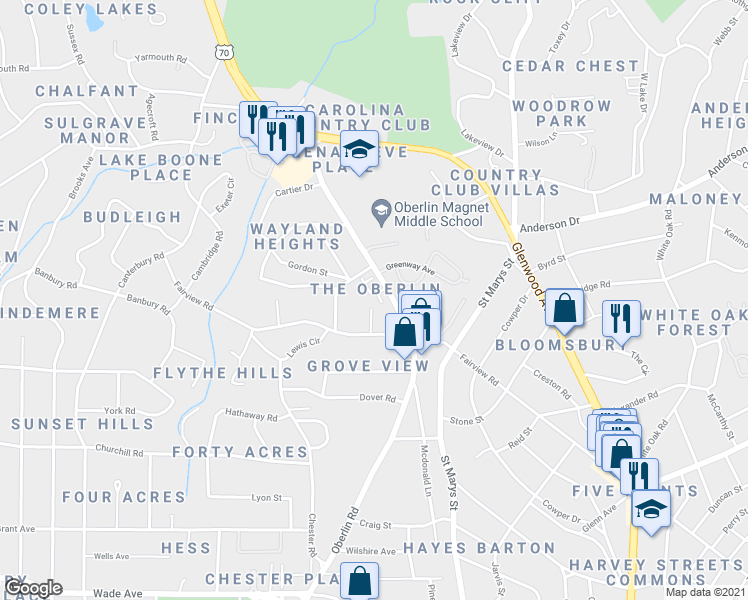 map of restaurants, bars, coffee shops, grocery stores, and more near 2617 Askew Lane in Raleigh