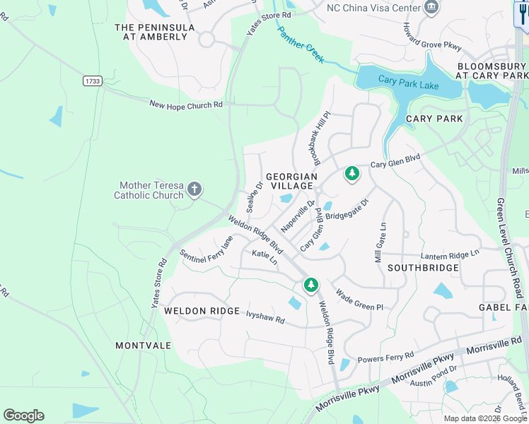 map of restaurants, bars, coffee shops, grocery stores, and more near 727 Transom View Way in Cary