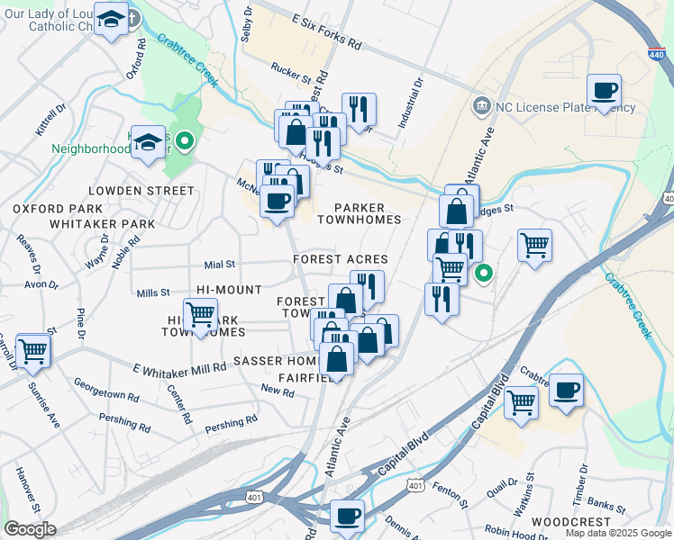 map of restaurants, bars, coffee shops, grocery stores, and more near 2100 Ann Street in Raleigh