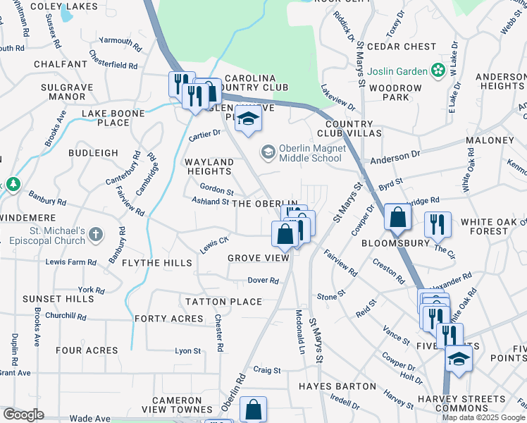 map of restaurants, bars, coffee shops, grocery stores, and more near 2617 Askew Lane in Raleigh