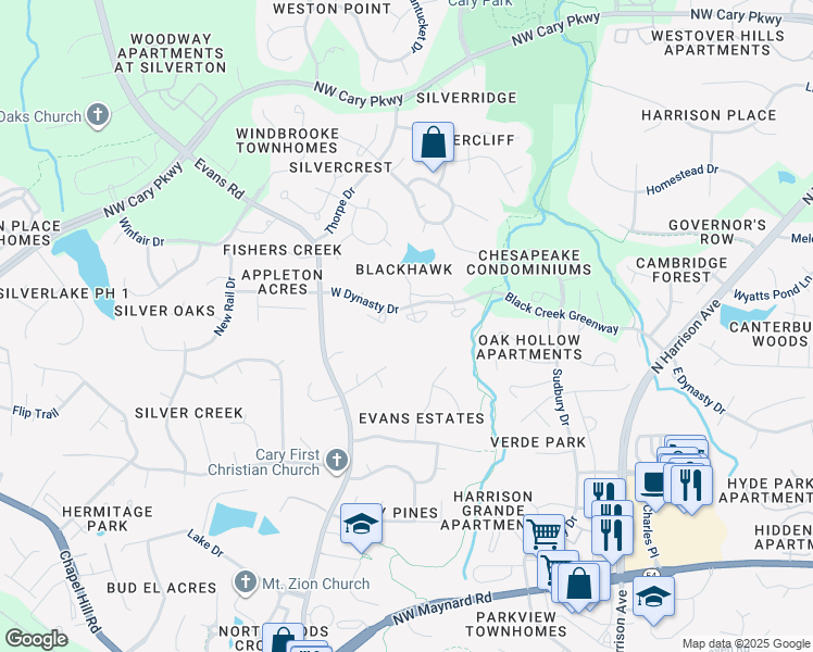 map of restaurants, bars, coffee shops, grocery stores, and more near 111 Killam Court in Cary