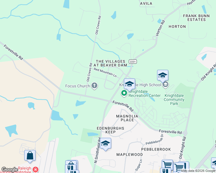 map of restaurants, bars, coffee shops, grocery stores, and more near 309 Little Acres Drive in Knightdale