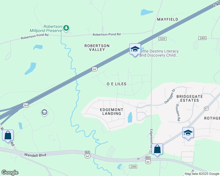 map of restaurants, bars, coffee shops, grocery stores, and more near 1121 Duet Drive in Wendell