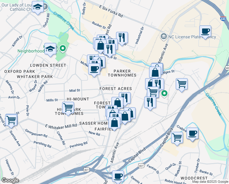 map of restaurants, bars, coffee shops, grocery stores, and more near 2100 Ann Street in Raleigh