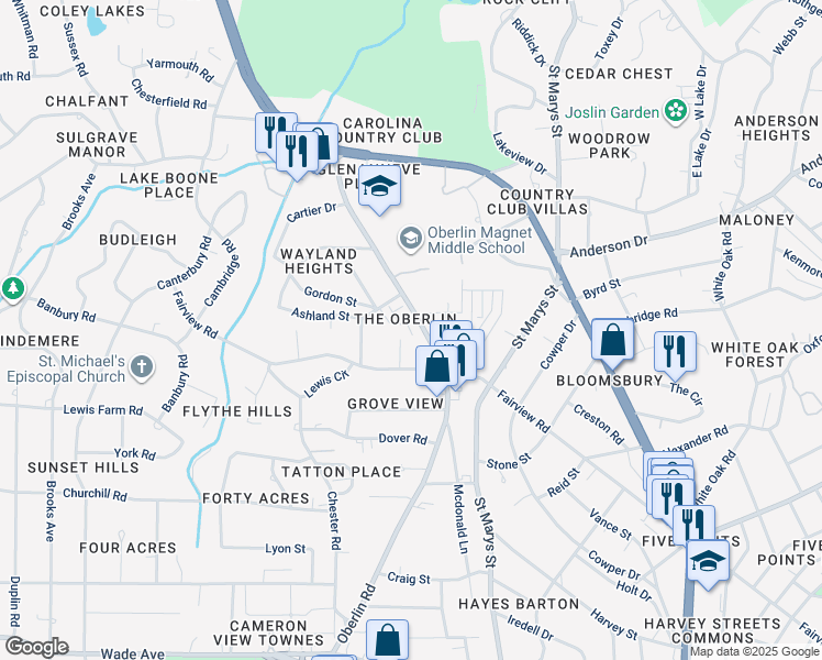map of restaurants, bars, coffee shops, grocery stores, and more near 2511 Pecks Place in Raleigh