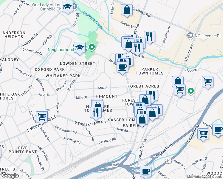 map of restaurants, bars, coffee shops, grocery stores, and more near 701 Mial Street in Raleigh