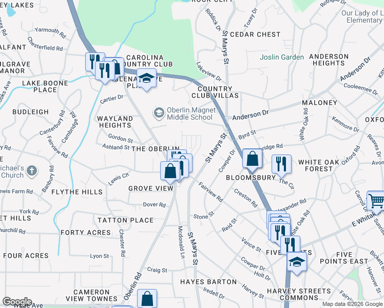 map of restaurants, bars, coffee shops, grocery stores, and more near 2409 Middle Court in Raleigh