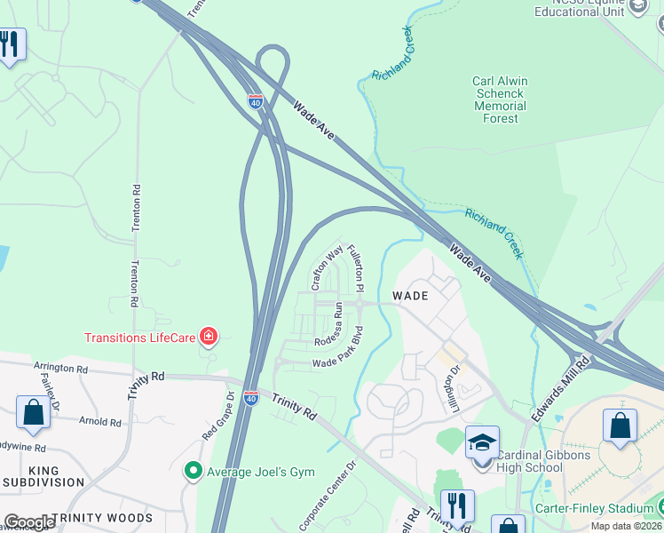 map of restaurants, bars, coffee shops, grocery stores, and more near 1601 Crafton Way in Raleigh
