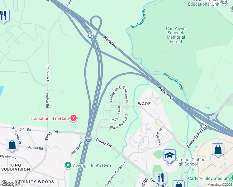 map of restaurants, bars, coffee shops, grocery stores, and more near 1601 Crafton Way in Raleigh