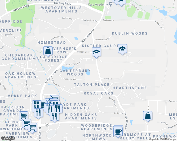 map of restaurants, bars, coffee shops, grocery stores, and more near 917 Reedy Creek Road in Cary