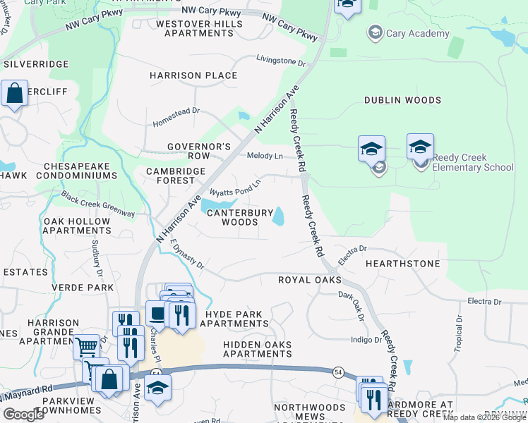 map of restaurants, bars, coffee shops, grocery stores, and more near 103 East Charing Cross in Cary