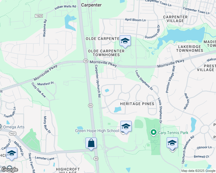 map of restaurants, bars, coffee shops, grocery stores, and more near 213 Sawgrass Hill Court in Cary