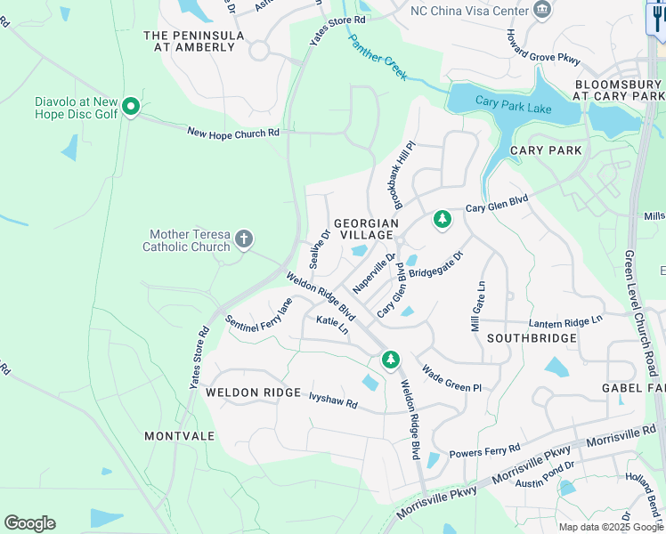 map of restaurants, bars, coffee shops, grocery stores, and more near 727 Transom View Way in Cary