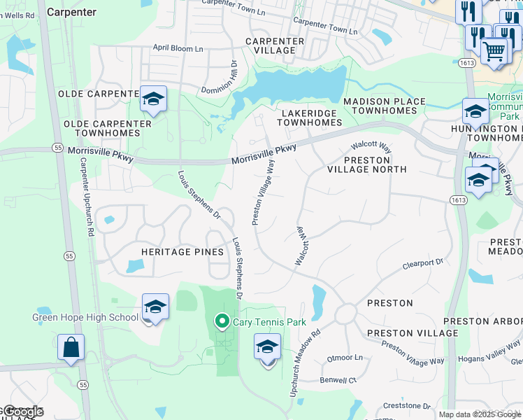 map of restaurants, bars, coffee shops, grocery stores, and more near 101 Filtrona Court in Cary
