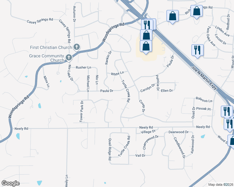 map of restaurants, bars, coffee shops, grocery stores, and more near 2113 Paula Dr in Jonesboro