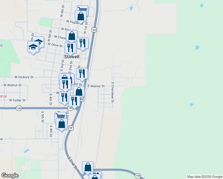 map of restaurants, bars, coffee shops, grocery stores, and more near 220 East Walnut Street in Stilwell