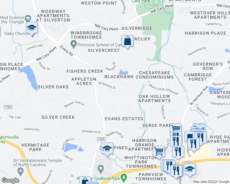map of restaurants, bars, coffee shops, grocery stores, and more near 113 Abingdon Court in Cary