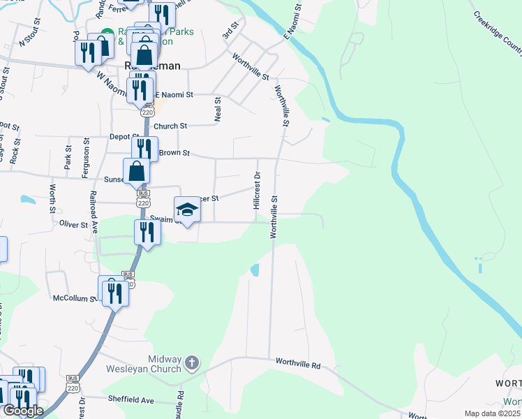 map of restaurants, bars, coffee shops, grocery stores, and more near 511 Hillcrest Drive in Randleman