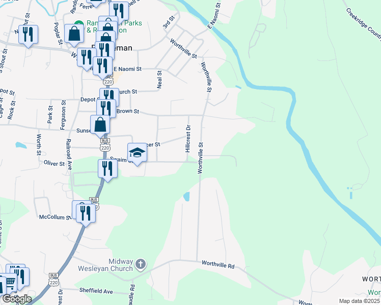 map of restaurants, bars, coffee shops, grocery stores, and more near 511 Hillcrest Drive in Randleman