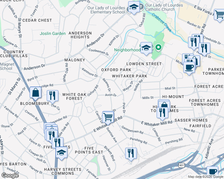 map of restaurants, bars, coffee shops, grocery stores, and more near 2125 Pine Drive in Raleigh