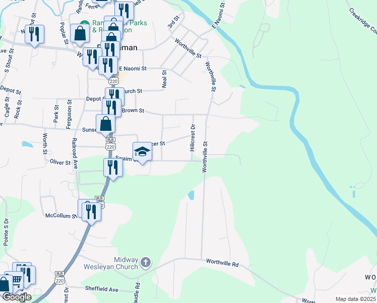 map of restaurants, bars, coffee shops, grocery stores, and more near 512 Hillcrest Drive in Randleman