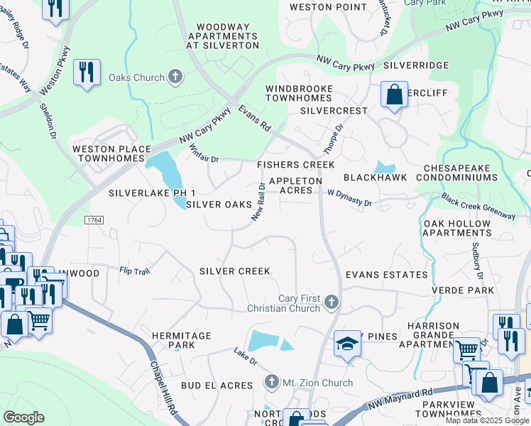 map of restaurants, bars, coffee shops, grocery stores, and more near 209 New Rail Drive in Cary