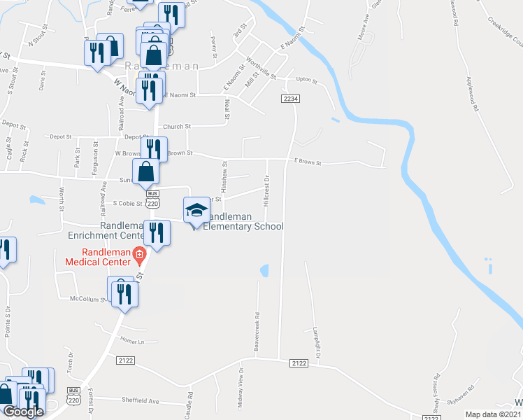 map of restaurants, bars, coffee shops, grocery stores, and more near 512 Hillcrest Drive in Randleman