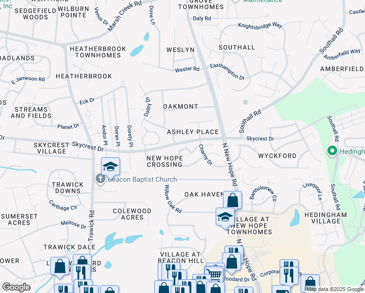 map of restaurants, bars, coffee shops, grocery stores, and more near 4129 Toccopola Street in Raleigh