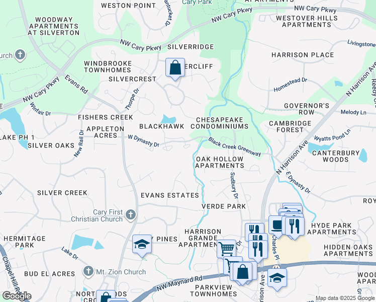 map of restaurants, bars, coffee shops, grocery stores, and more near 103 Marbury Court in Cary