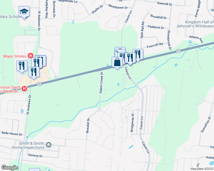 map of restaurants, bars, coffee shops, grocery stores, and more near 2525 Salem Creek Drive in Murfreesboro