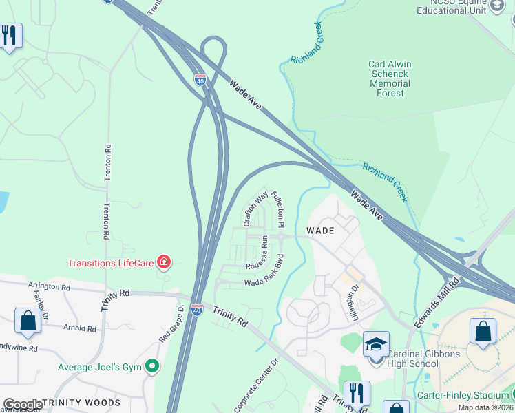 map of restaurants, bars, coffee shops, grocery stores, and more near 1601 Crafton Way in Raleigh