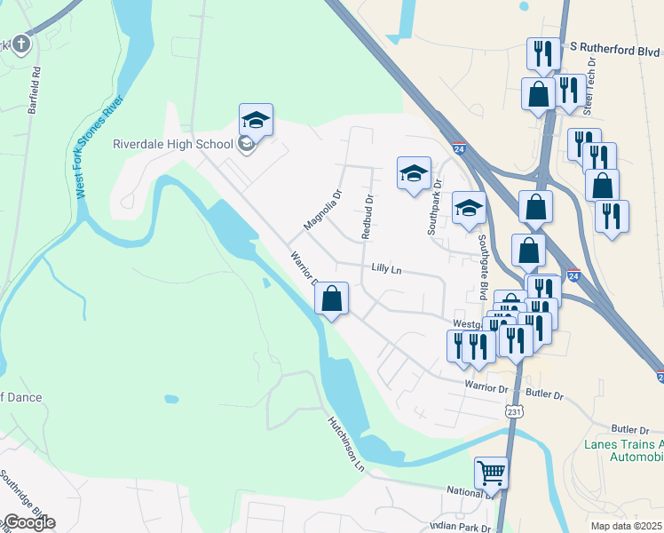 map of restaurants, bars, coffee shops, grocery stores, and more near 608 Lilly Lane in Murfreesboro