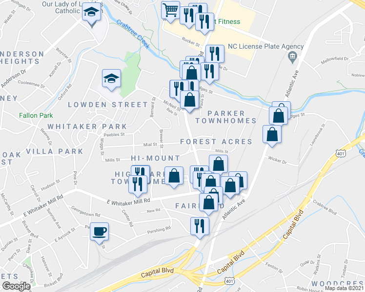 map of restaurants, bars, coffee shops, grocery stores, and more near 732 Mial Street in Raleigh