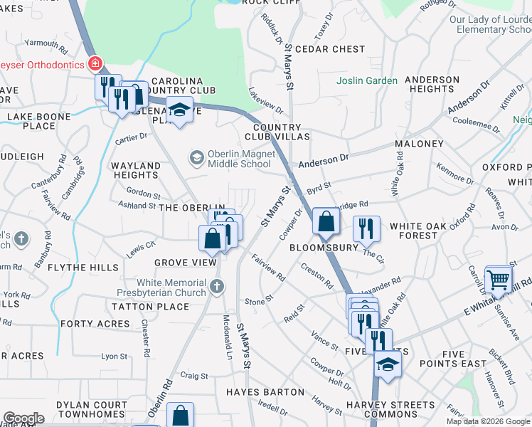 map of restaurants, bars, coffee shops, grocery stores, and more near 2205 Saint Marys Street in Raleigh