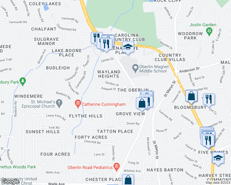 map of restaurants, bars, coffee shops, grocery stores, and more near 2709 Ashland Street in Raleigh