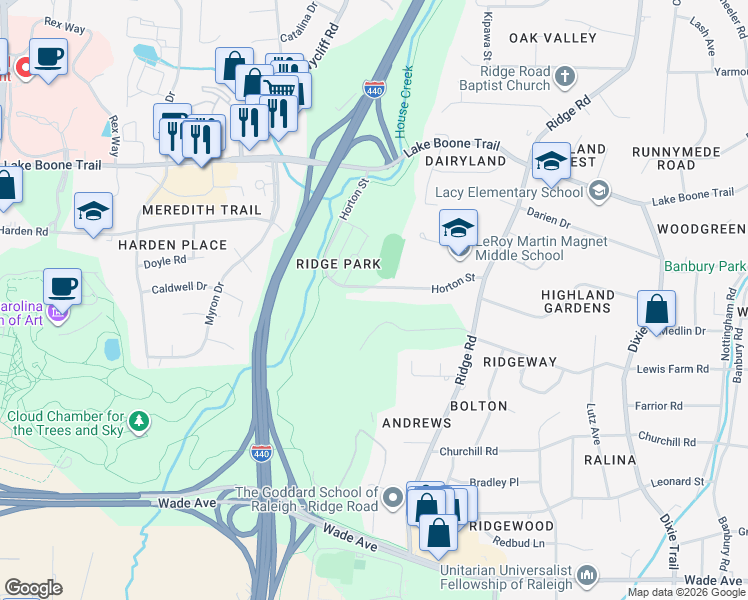 map of restaurants, bars, coffee shops, grocery stores, and more near 3413 Horton Street in Raleigh