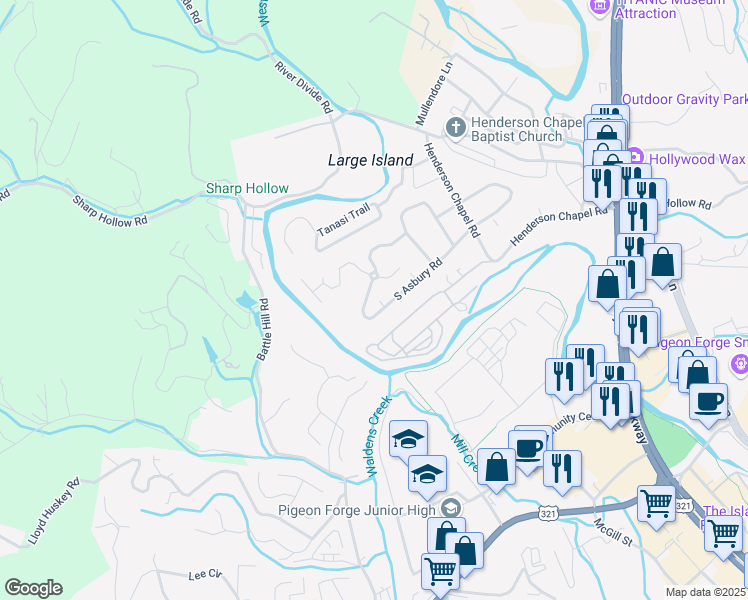map of restaurants, bars, coffee shops, grocery stores, and more near 619 Circle Drive Southwest in Pigeon Forge