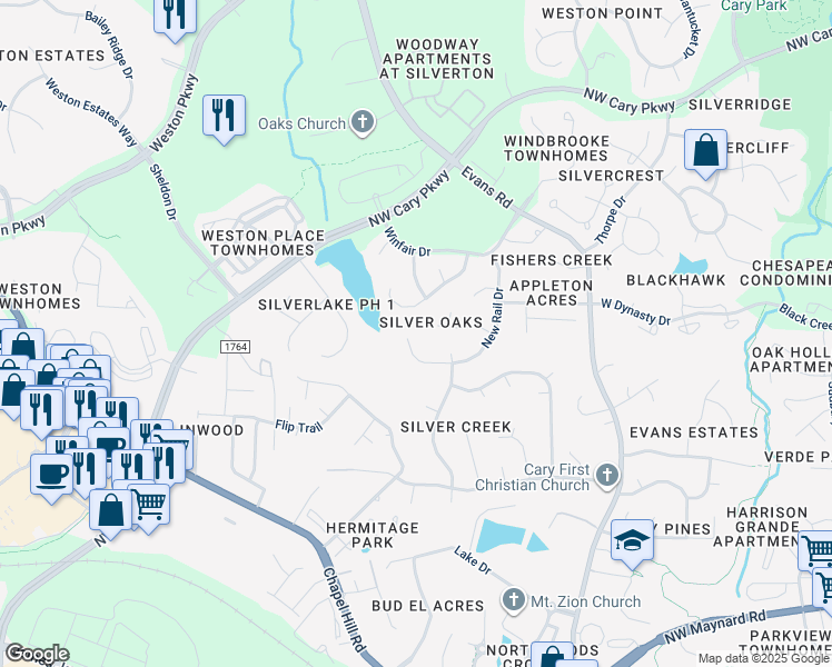 map of restaurants, bars, coffee shops, grocery stores, and more near 412 New Rail Drive in Cary