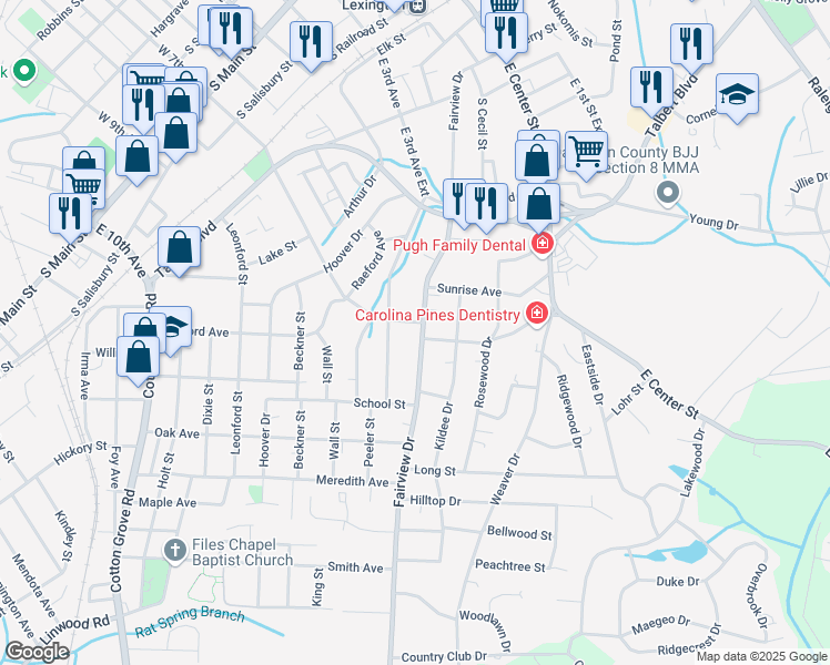 map of restaurants, bars, coffee shops, grocery stores, and more near 500 Fairview Drive in Lexington