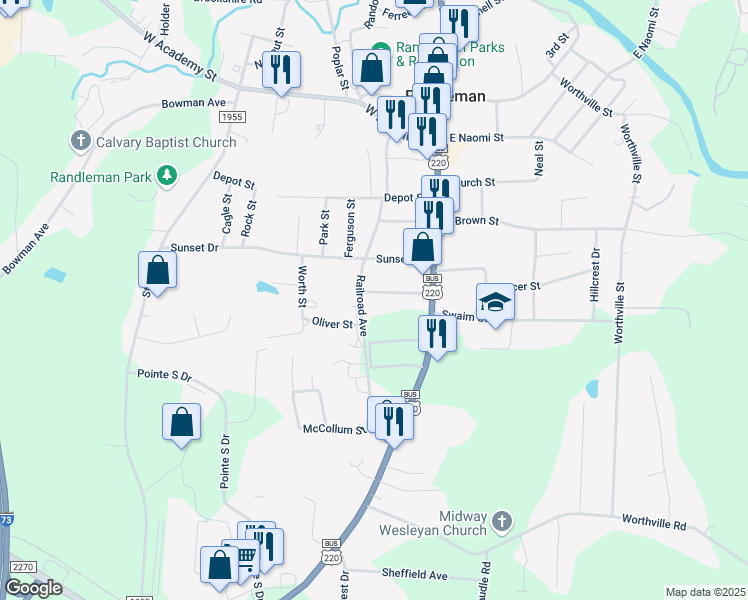 map of restaurants, bars, coffee shops, grocery stores, and more near 123S South Coble Street in Randleman